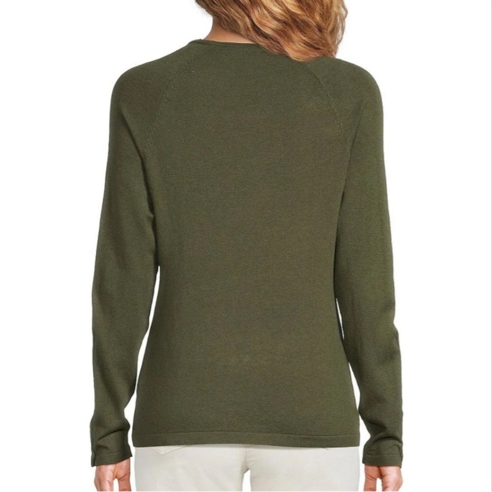 J McLaughlin Olive Green Crew Neck Sweater Gold Buttons on sleeves. Large. - Picture 4 of 9